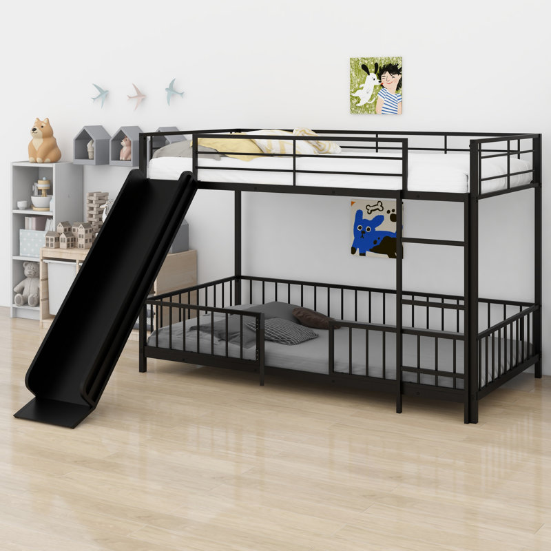 Metal Bunk Bed With Slide And Guardrails,, Twin Over Twin, Black