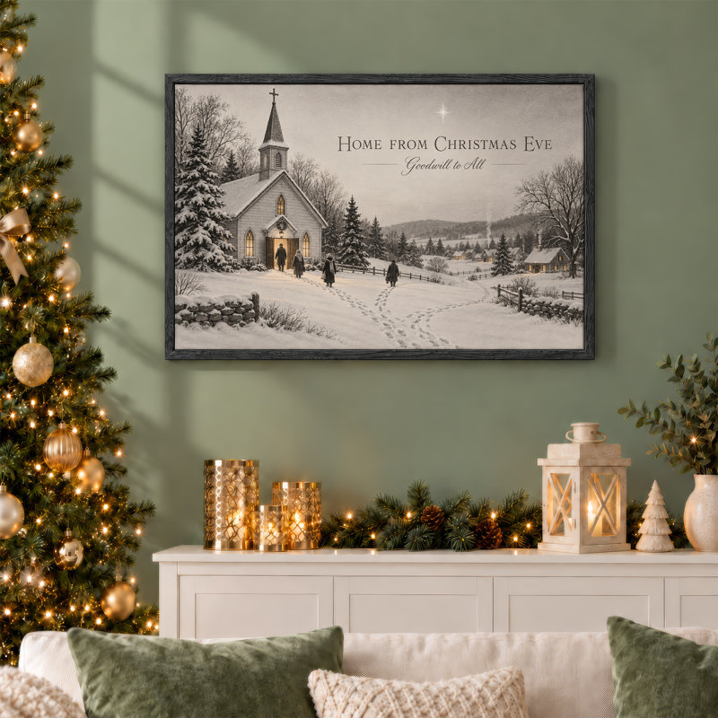 «White Church with Footprints in Snowy Winter Christmas», art mural sur toile, H 24 po x l 36 po