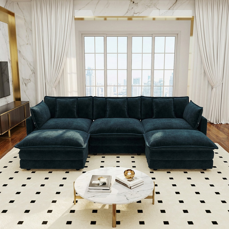 Hibbell U-shaped Sectional Sofa W/reversible Footrest, 5-seater Convertible Corner Couch With 2 Ottomans ,modern Minimalist Soft Sofa & Couch For Living Room