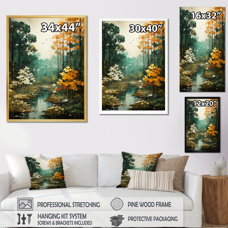 Collage de la forêt d'automne - reproduction sur toile, Cadre naturel flottant, H 32 po x l 24 po