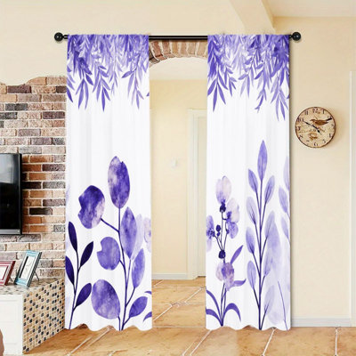 2Pcs Purple Watercolor Floral Curtains, Rod Pocket Sun Blocking, Window Panel, Nature Inspired Design, All-Season For Living Room Bedroom Study Decor