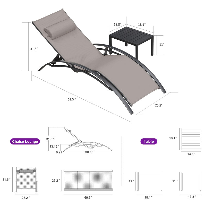 Patio Outdoor 69.3" Long Reclining Chaise Lounge Set Of 3 With Arm For All Weather, Side Table Included, Taupe