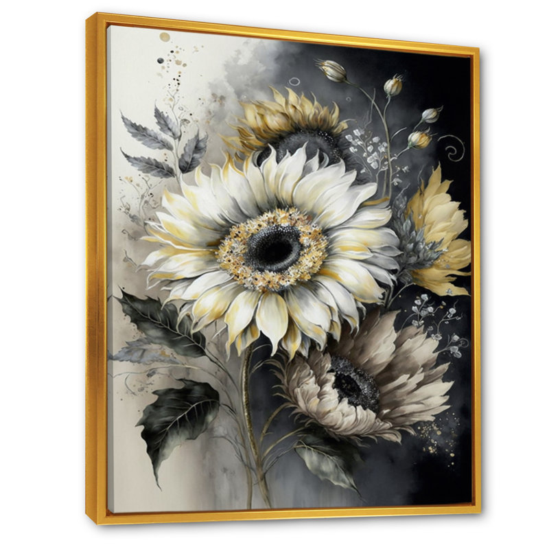 Tournesol blanc - art mural grand tournesol, H 40 po x l 30 po x P 1,5 po, Toile avec cadre flottant or