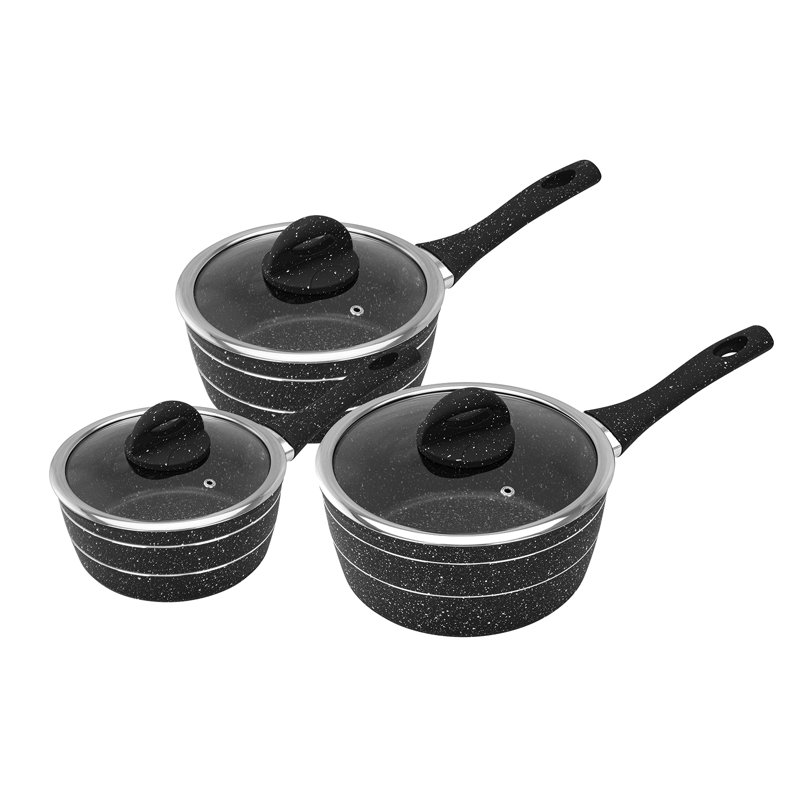 ROYALFORD Saucepan Set 3 PC, Induction Safe Cookware - Non-Stick Granite Coating, Forged Aluminium Multipurpose Sauce Pot with 5 Layer Construction & Tempered Glass Lid - 16 CM, 18 CM, 20 CM - Black