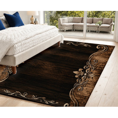 Vintage Wood Grain Floral Area Rug, Dark Brown Golden Embossed Design, Non‑Slip Washable Floor Carpet, Elegant Indoor Home Decor for Living Room Bedroom Entryway Kitchen Balcony Apartment