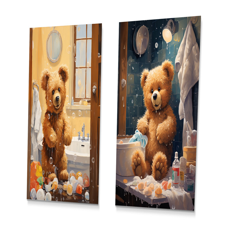 «Bathroom Bear Bubbles II» - Ensemble de 2 reproductions d'art mural en métal, H 28 po x l 24 po
