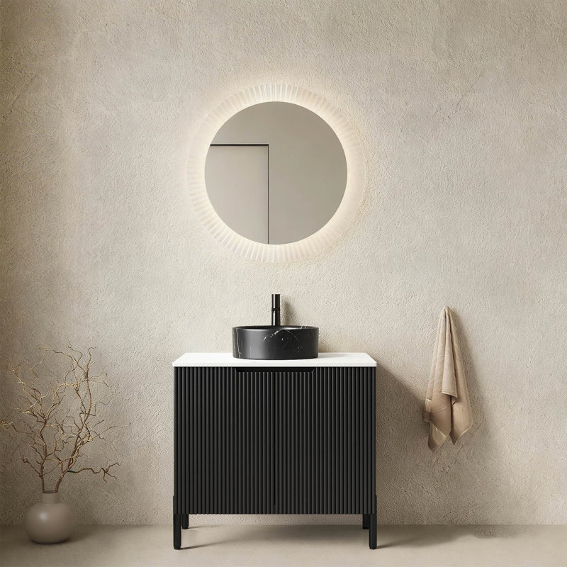 Meuble-lavabo de salle de bain 24 po avec lavabo, meuble-lavabo autoportant avec lavabo rond en céramique à 2 portes avec motif en pierre et comptoir en pierre frittée blanc de Carrare, sans robinet