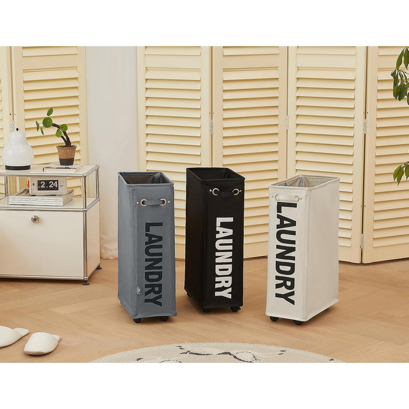 25-Inches Slim Laundry Basket On Wheels, Collapsible Rolling Laundry Hamper, Foldable Narrow Corner Clothes Storage Bins