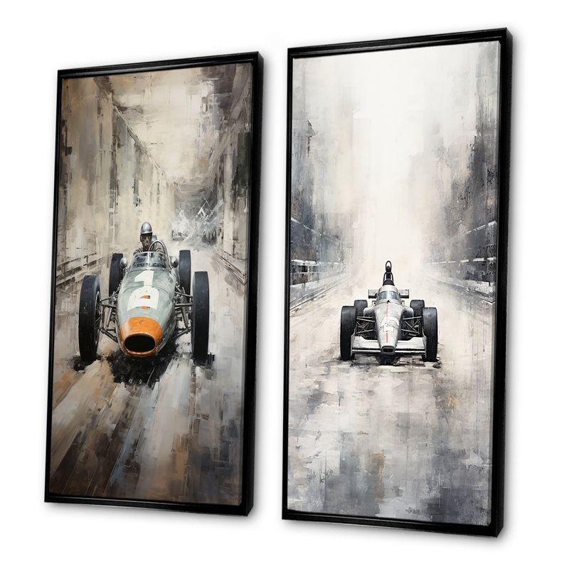 Ensemble de salon mural gris et voiture de course rétro I - Race Tracks, Cadre flottant noir, H 28 po x l 25 po