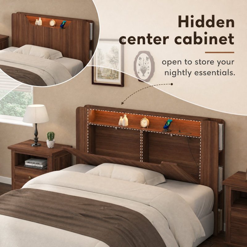 Queen Size RGB LED Storage Headboard with Charging Station, App & Remote Control, Wood Frame, Headboard Only, Queen