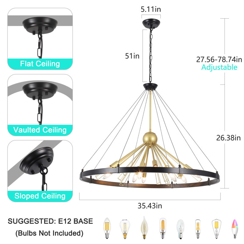 9- Light Modern Vintage Dimmable Sputnik Wagon Wheel Chandelier with Adjustable Chain for Kitchen, Living Room, Dining Room