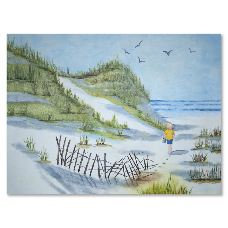 L'enfant qui marche sur la plage - Peinture sur toile, H 24 po x l 32 po x P 1 po, Toile tendue