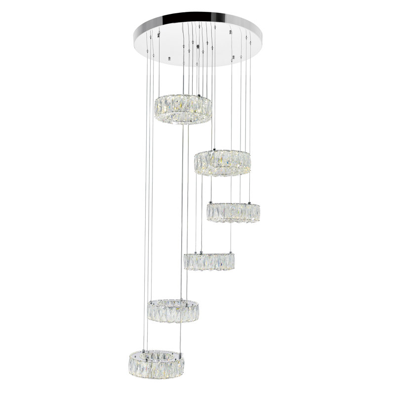Lustre de 24 pouces à 6 anneaux avec DEL intégrée, finition chromée - plafonnier glam moderne pour salon, salle à manger, vestibule
