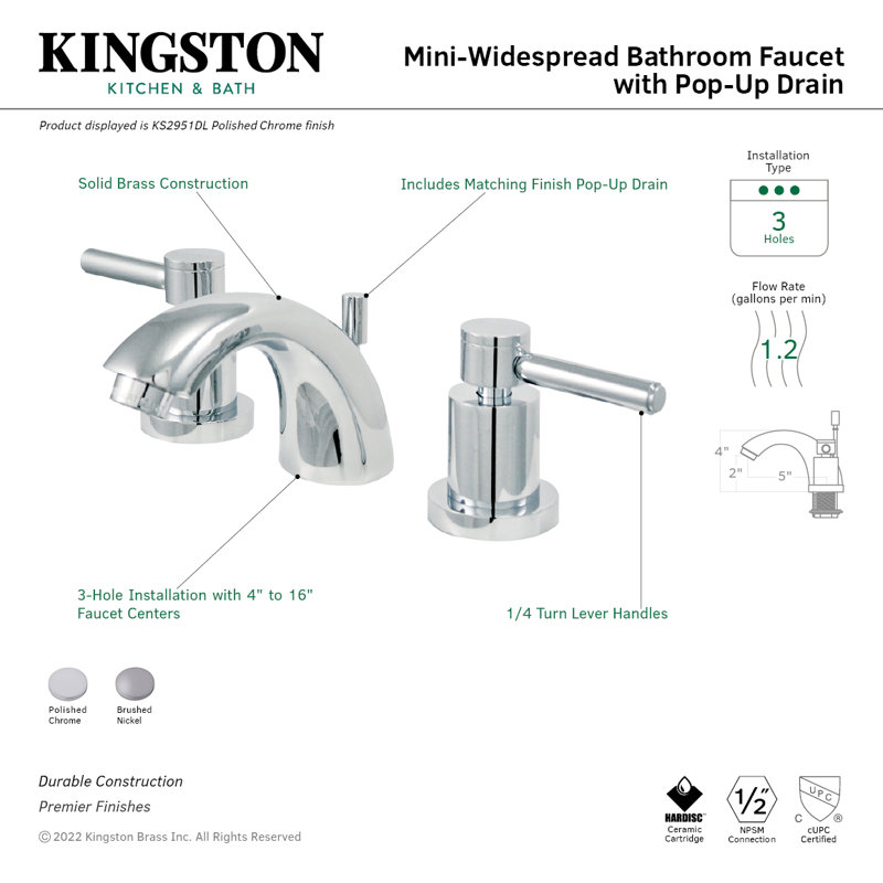 Kingston Brass Concord Two-Handle 3-Hole Deck Mount Mini-Widespread Bathroom Faucet with Brass Pop-Up, Brushed Nickel