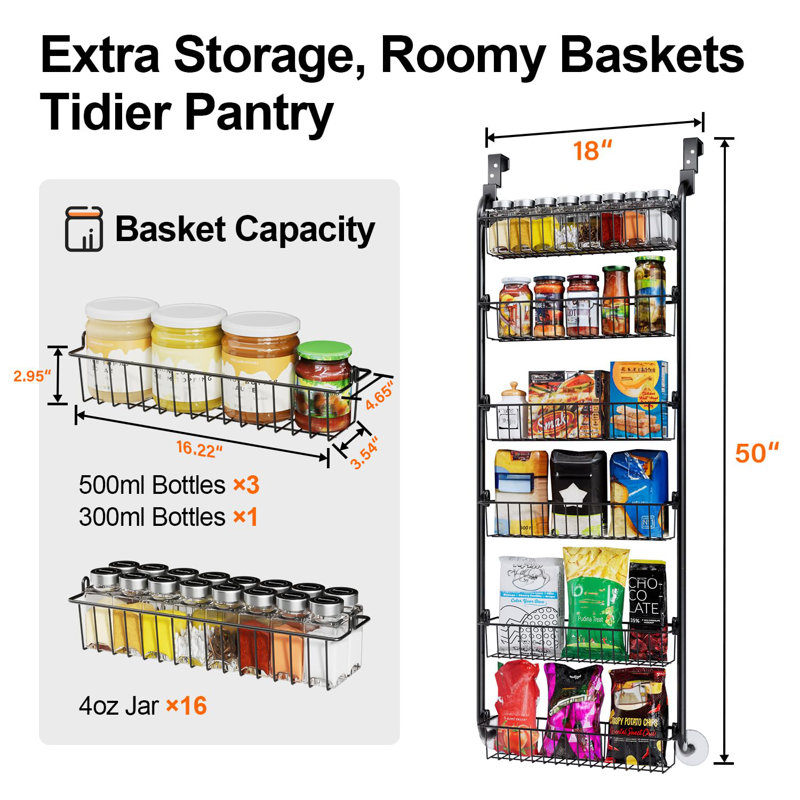 Rangement à 6 niveaux pour porte et garde-manger en métal, Noir mat