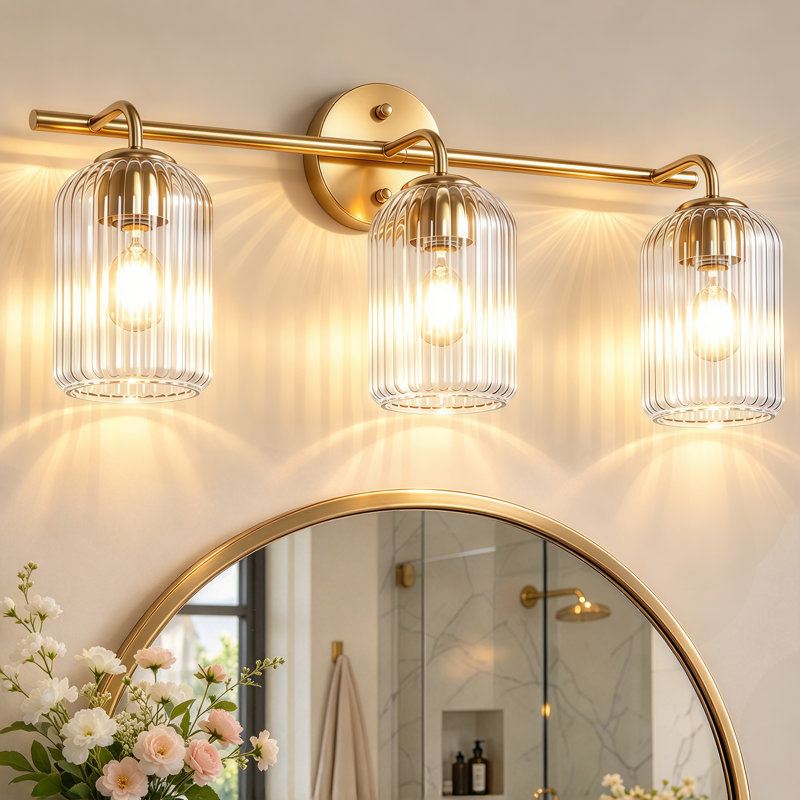 Éclairage pour salle de bain 3 lumières or avec verre transparent à rayures verticales