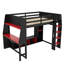 Lit mezzanine double en bois avec bureau, étagères à rangement multiples, lumières DEL et support à vêtements suspendu, noir