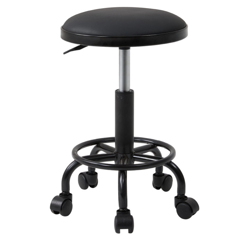 Height-Adjustable PU Leather Round Salon Rolling Stool, Black, Black