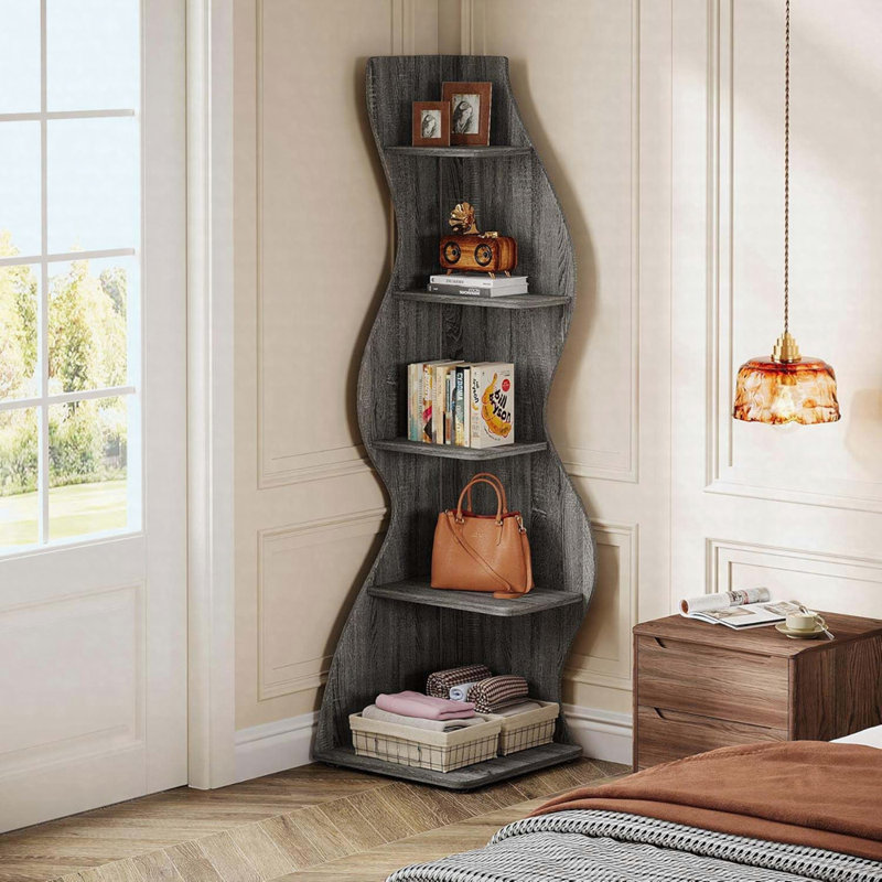 Bibliothèque d'angle à 5 niveaux 69,8 po avec support pour plante, petit espace, Gris