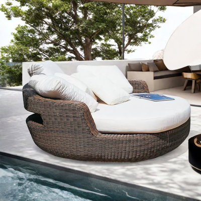 Courtyard Waterproof PE Rattan Patio Daybed 62.99'' Wide Round Wicker Patio Daybed with Cushions