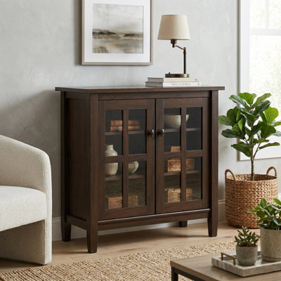 Warm Shaker 32"W Solid Wood Transitional Low Storage Cabinet with Tempered Glass Doors and Adjustable Shelves