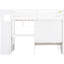 Lit simple au-dessus d'un lit mezzanine blanc avec bureau intégré, tablettes de rangement et escalier-1761443311