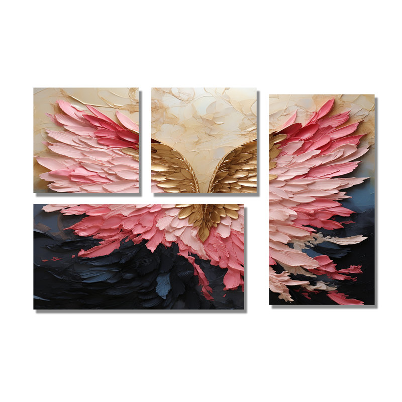 "Pink and Gold Angel Wings" - Art mural sur toile rose 4 pièces, Toile tendue, Ne s’applique pas