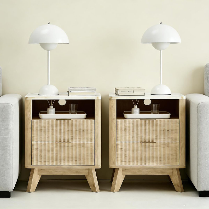 18" Small Nightstand with Charging Station, Modern Curved Bedside Table with Faux Marble Top & 2 Drawers, Oak End Table for Bedroom, Living Room