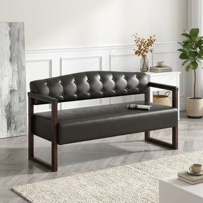 57.83" L Mid-Century Modern Reception Sofa Bench with Tufted Backrest and Nailhead Trim Pu Leather