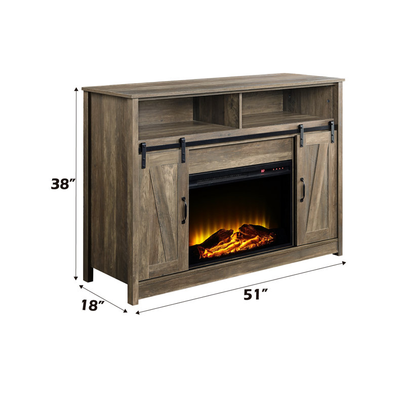 Meuble télé rectangulaire avec foyer au fini chêne rustique, 2 rangements de porte et compartiments ouverts, porte de grange coulissante, kd, plateau épais de 15 mm, panneau de particules en plastique et verre, métal, papier plaqué, 4777,