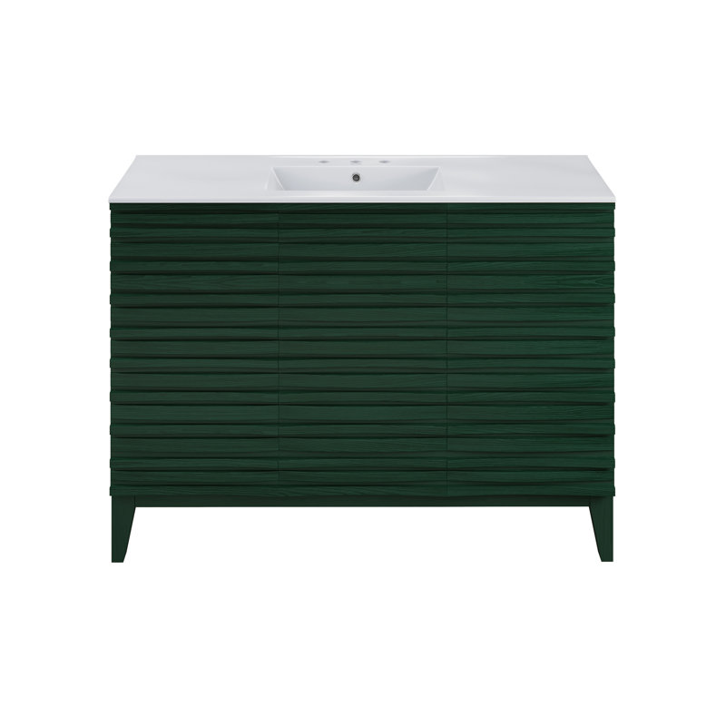 Meuble-lavabo autoportant Cascade 48 po en chêne vert avec comptoir à 3 trous, Blanc lustré, 8 po