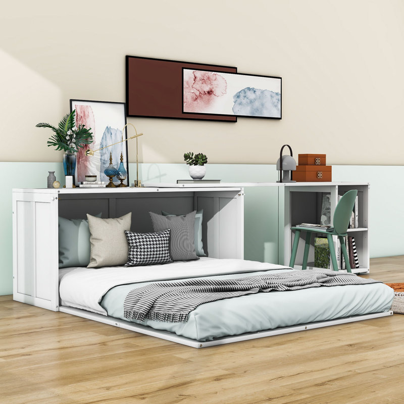 Grand lit escamotable avec bureau rotatif Calletano, Blanc
