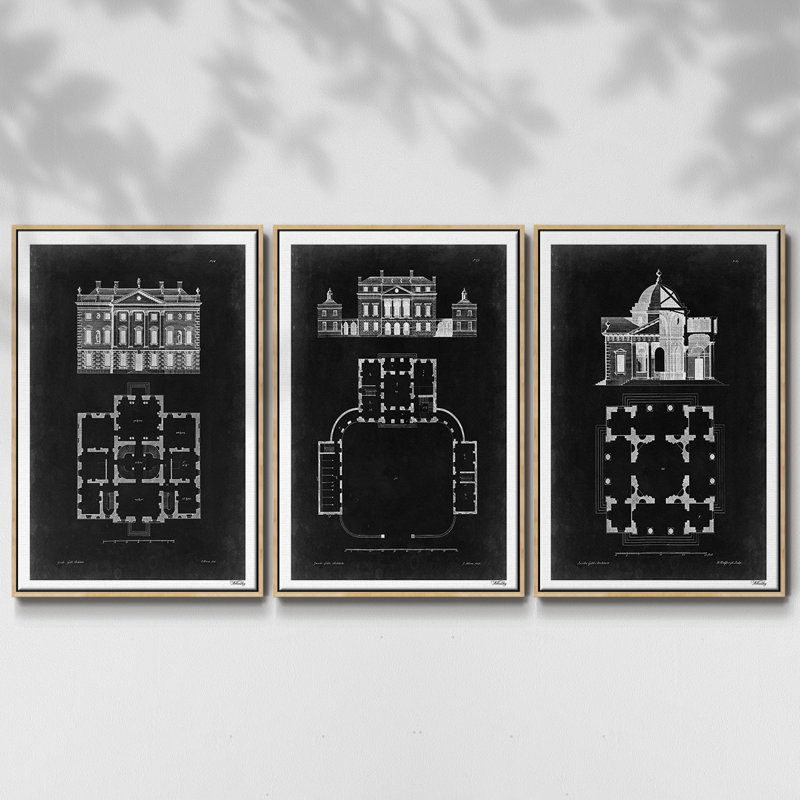 " Graphic Building & Plan I " 3 - Pieces, 36" H x 72" W, Natural Wood Framed