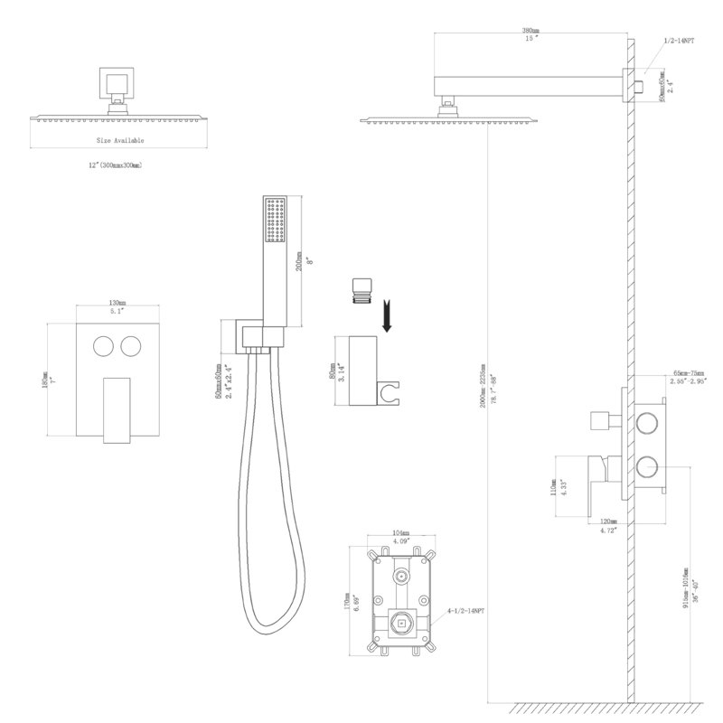 Dual Shower Head - 12 Inch Wall Mounted Square Shower System With Rough-In Valve