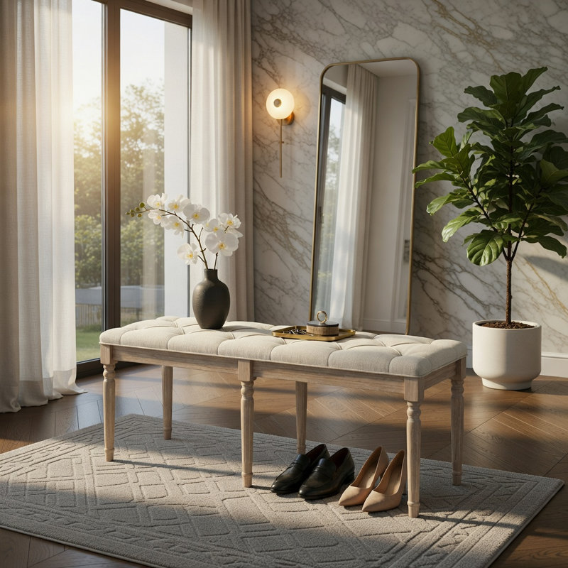Banc de hall d'entrée rembourré beige - structure en bois d'hévéa massif de 47,5 pouces avec tissu en lin et coussin en mousse haute densité, pieds sculptés rétro, capacité de 440 lb