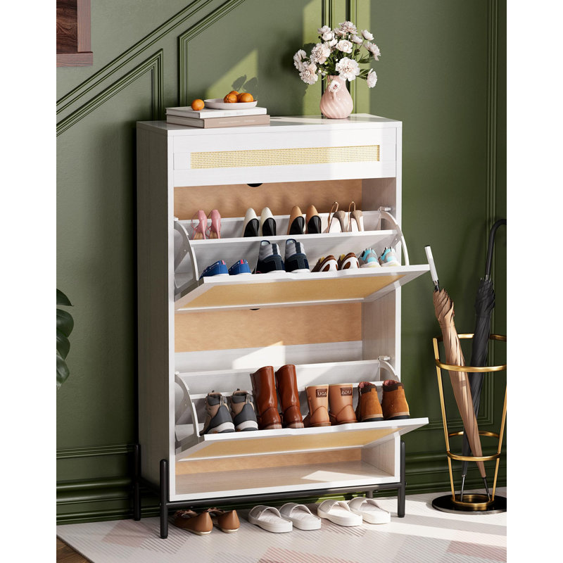 Armoire à chaussures en rotin avec 3 tiroirs et tablettes réglables, étagère à chaussures en bois à 3 niveaux pour le hall d'entrée