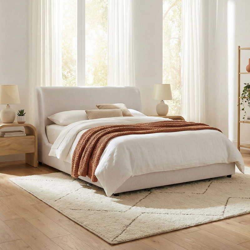  Suhavi Curved Wingback Upholstered Platform Bed, Ojai Lace Performance Textured Weave, King 