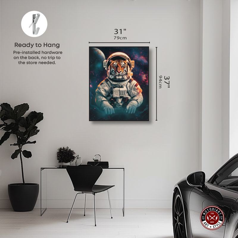 «Astronaut Tiger», art mural par Notoriart, Cadre noir, H 37 po x l 31 po