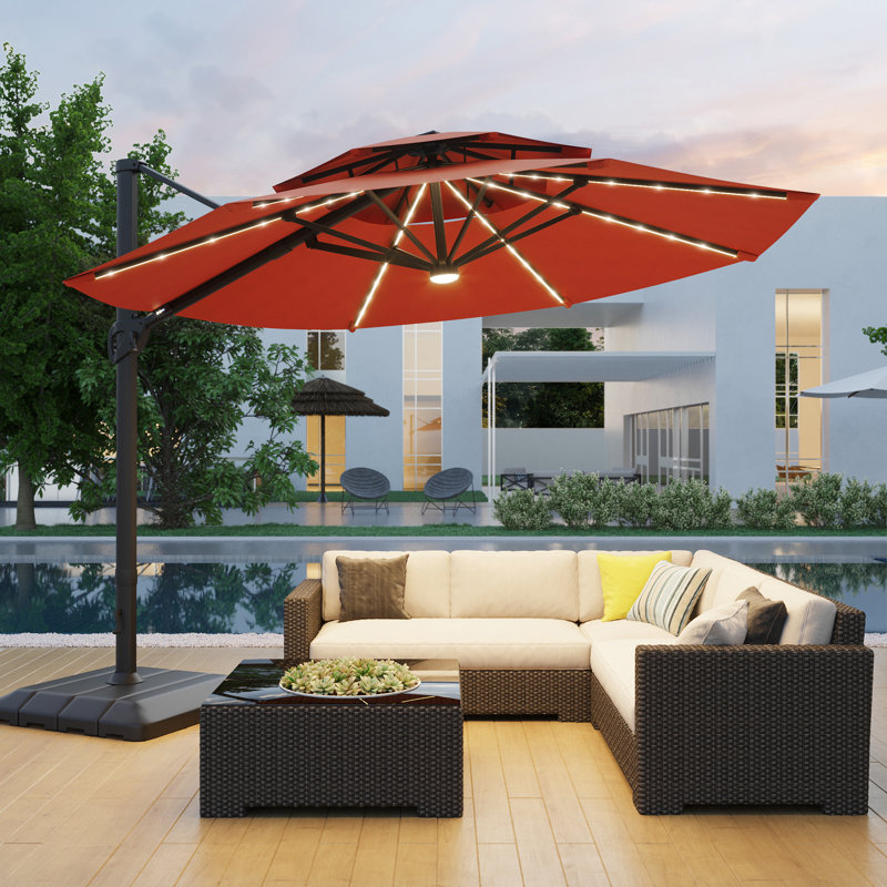 Parasol pour patio en porte-à-faux à DEL 11 pi, Orange-rouge