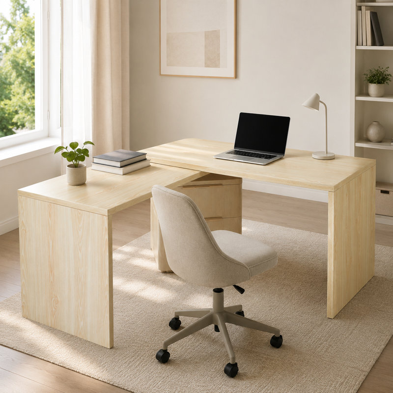 Bureau moderne en L 90 po en bois naturel avec 3 tiroirs, bureau pivotant à 360 ° en bois, bureau de direction, bureau d'angle, bureau d'étude, pour le bureau à domicile ou le salon