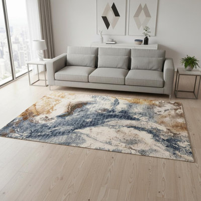 Tapis abstrait cuivré crème et bleu 5 pi x 8 pi