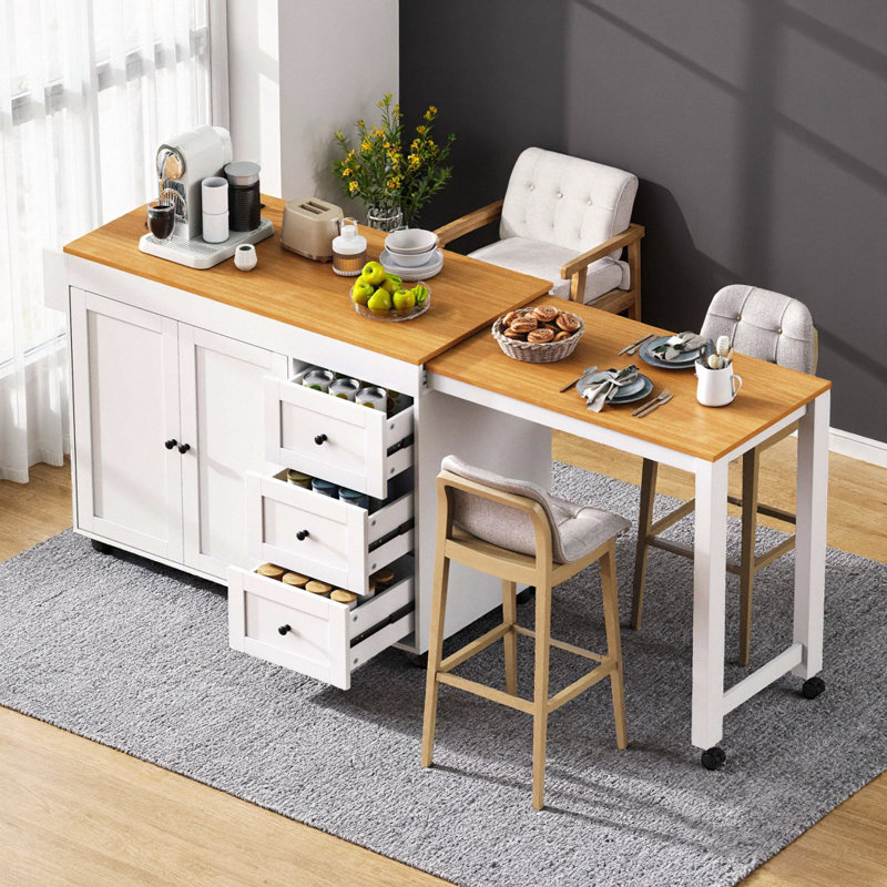 Îlot de cuisine 74,8 po avec table de salle à manger extensible, Blanc