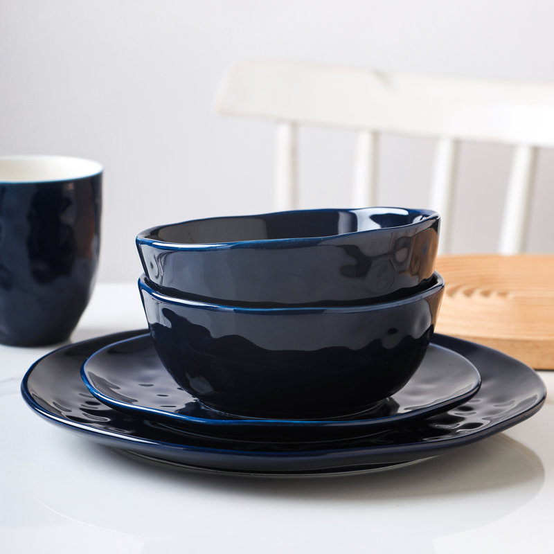 Navy Blue Porcelain 24-Piece Dinnerware Set with Textured Accent