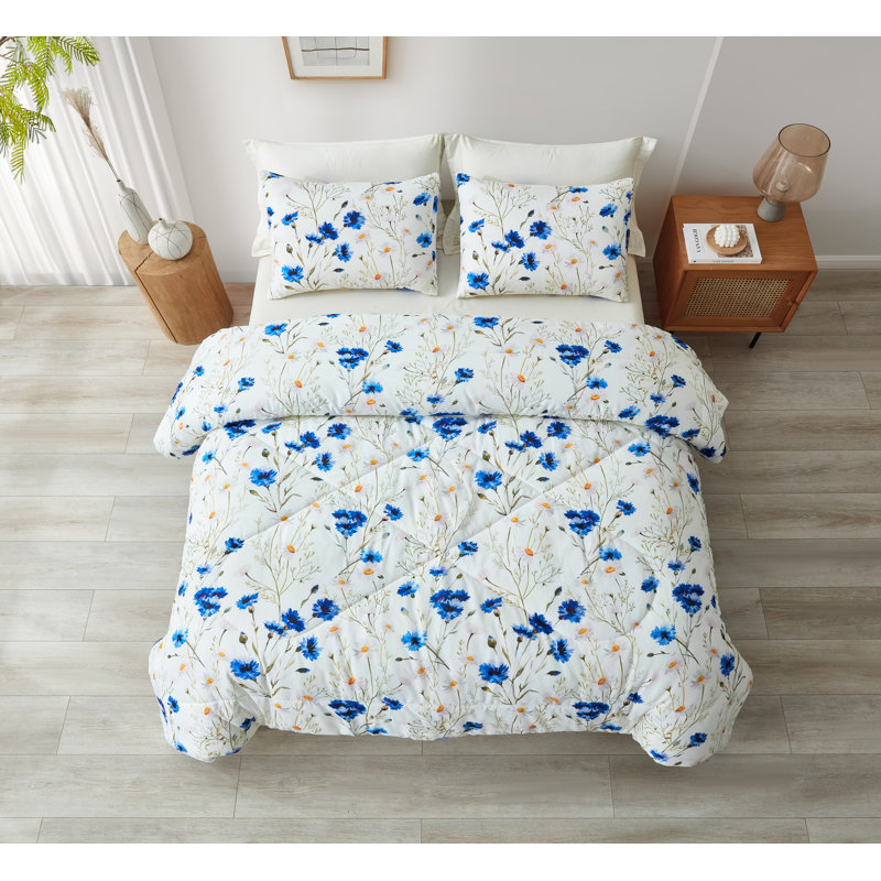 Microfiber Floral Print Comforter Set, White/Cyan Floral, Queen Comforter + 2 Pillowcases