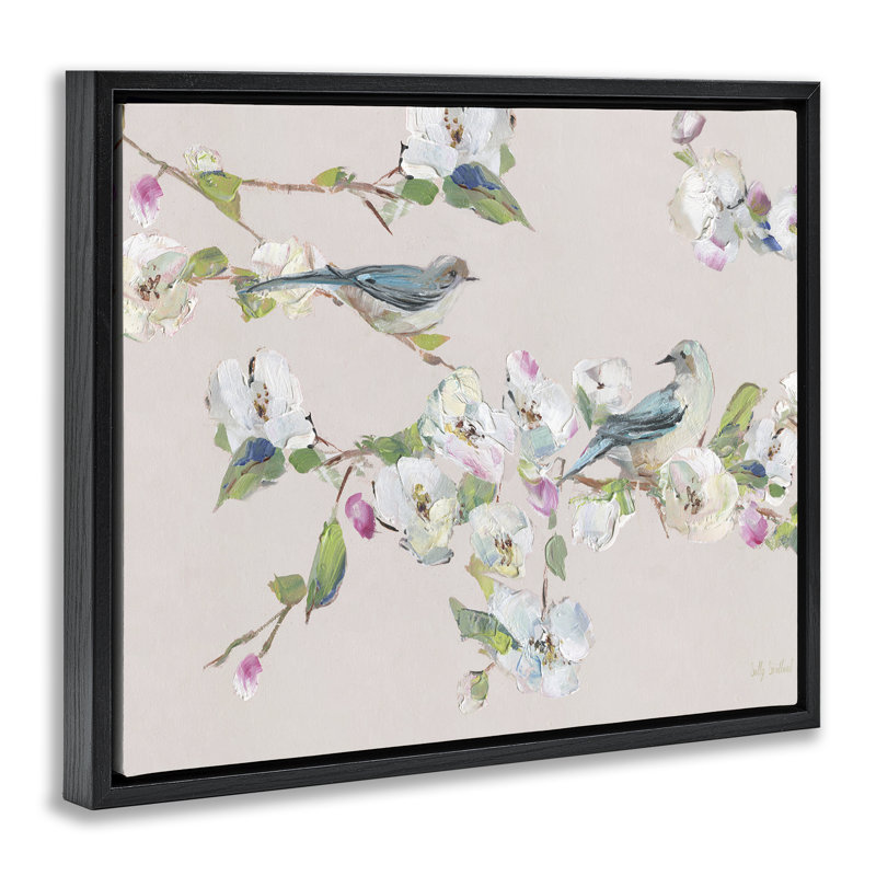 Fleurs et oiseaux doux au printemps, Cadre flottant noir de jais, H 25 po x l 31 po