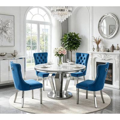 Luxury Round Dining Table Set for 4, 5-Piece Faux Marble Kitchen Dinner Table & Upholstered Velvet Chairs, Silver Diamond-Base
