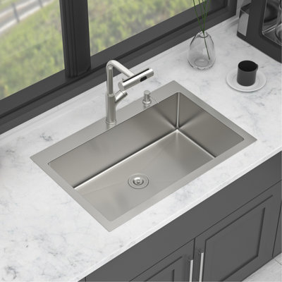 30-Inch Drop-In Kitchen Sink With Pull-Out Faucet, Soap Dispenser, And Bottom Grid - 16 Gauge T304 Stainless Steel Single Bowl Topmount Basin 41 Multi