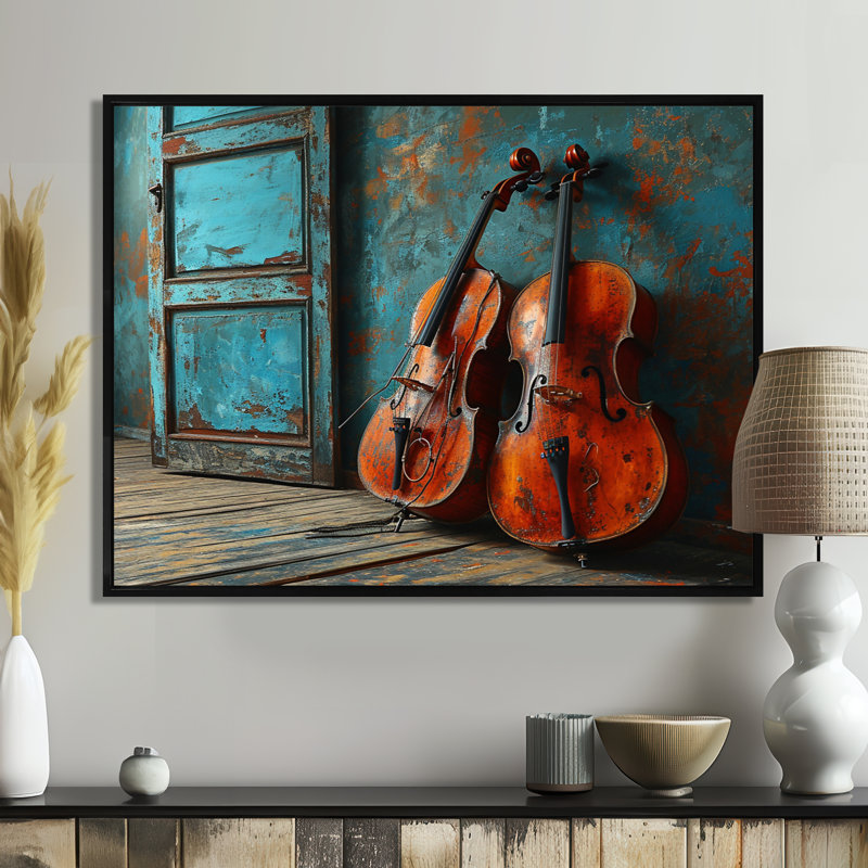 Deux violons dans une chambre bleue sarcelle rustique - musique, art mural, Toile avec cadre flottant noir