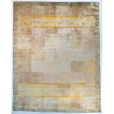 Checkered 8x10 Area Rug Hand Knotted Wool Silk Rug Beige Yellow Contemporary Carpet Afghan Modern Textured Geometric Rug for Living Room