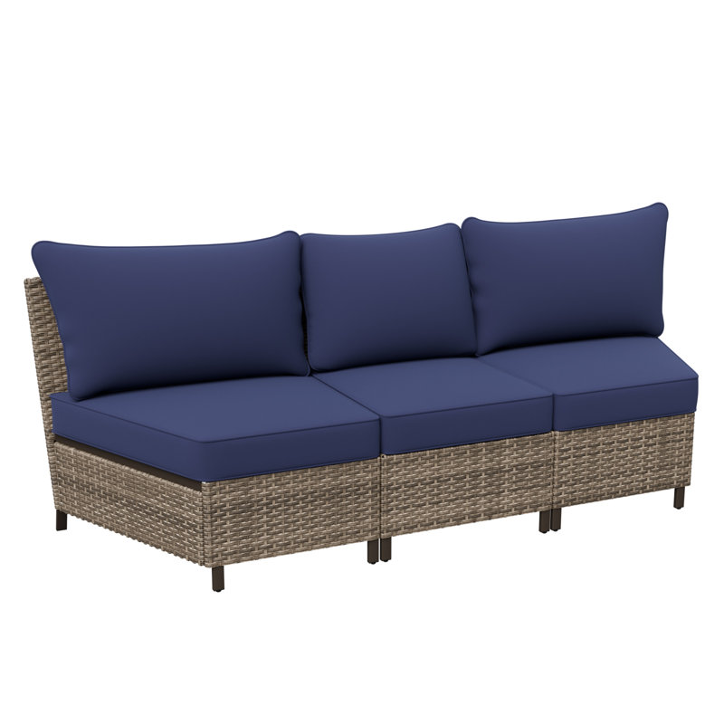 3-Seat Outdoor Wicker Patio Sofa with Cushion, Dark Blue